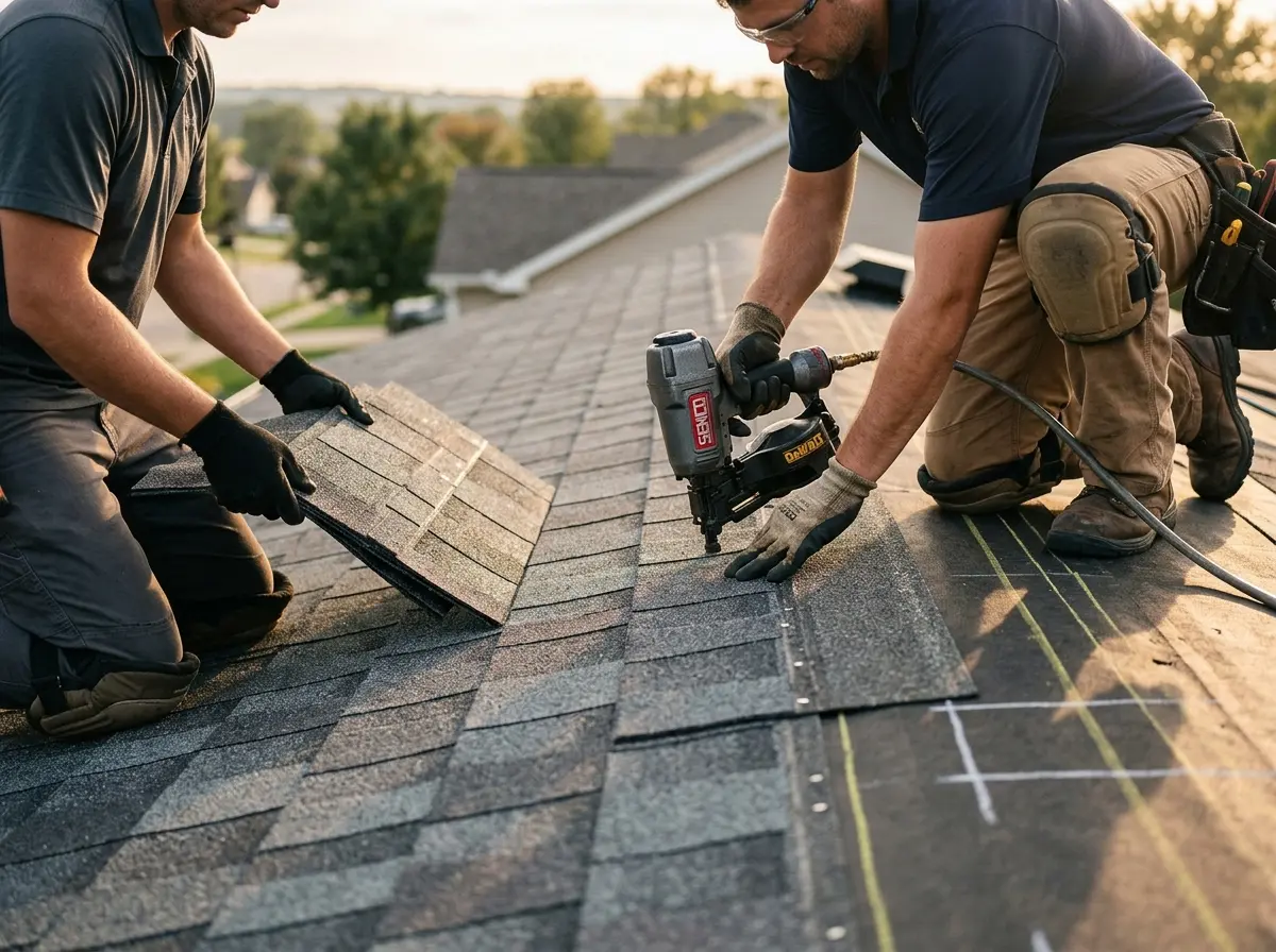 Professional roofer working on a residential roof in Watauga